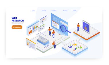 Web araştırması, iniş sayfası tasarımı, web sitesi pankart vektör şablonu. Rapor için internet bilgilerini kullanan insanlar.