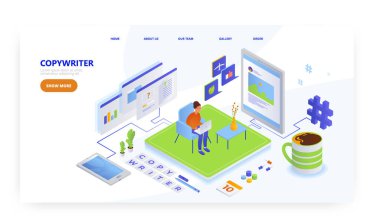 Metin yazarı, iniş sayfası tasarımı, web sitesi pankart vektör şablonu. Günlük kaydı, içerik yönetimi.