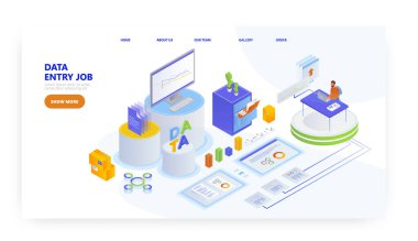 Veri girişi, iniş sayfası tasarımı, web sitesi pankart vektör şablonu. Veritabanına bilgi girişi. Bağımsız.