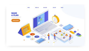 Bir plan yap, İniş sayfası tasarımı, web sitesi pankart vektör şablonu. Zamanlama, planlayıcı, görev yönetimi.