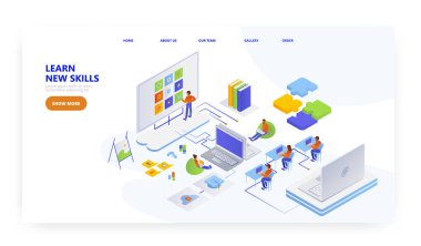 Yeni beceriler, iniş sayfası tasarımı, web sitesi pankart vektör şablonu öğrenin. Çevrimiçi öğretim, webinar, iş eğitimi.