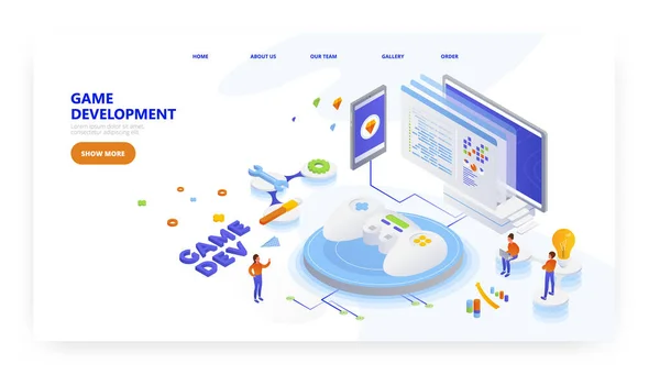 Oyun geliştirme, iniş sayfası tasarımı, web sitesi pankart vektör şablonu. Oyun endüstrisi.