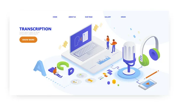 Ses transkripsiyonu, iniş sayfası tasarımı, web sitesi afiş vektör şablonu. Otomatik konuşma tanıma.