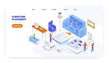 Mobilya yerleştirme, iniş sayfası tasarımı, web sitesi pankart vektör şablonu. Ev eşyaları düzenleme. İç tasarım.