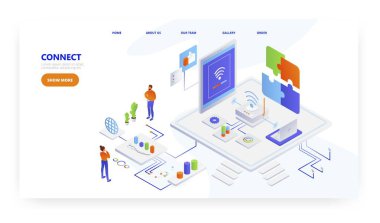 Bağlantı, iniş sayfası tasarımı, web sitesi pankart vektör şablonu. Wifi internet bağlantısı. Kablosuz teknoloji.