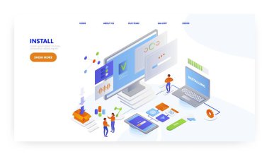 Yükleme, iniş sayfası tasarımı, web sitesi pankart vektör şablonu. Yazılım programları, uygulamalar indiriliyor ve kuruluyor.