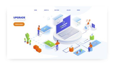 Yükseltme, iniş sayfası tasarımı, web sitesi pankart vektör şablonu. Yazılım güncellemesi, işletim sistemi güncellemesi.