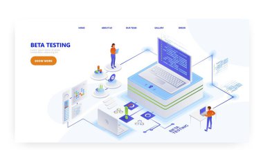 Beta testi, iniş sayfası tasarımı, web sitesi pankart vektör şablonu. Yazılım testi ve kalite güvencesi.