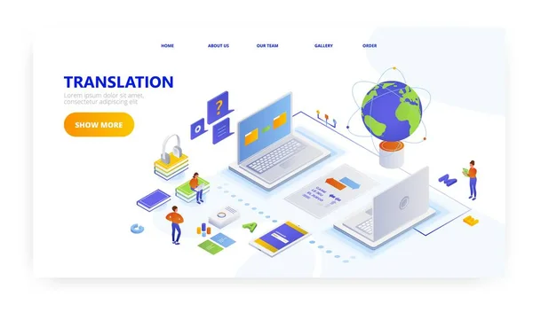 Online translation, landing page design, website banner vector template. Learning of foreign languages. — Stock Vector