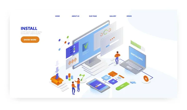 Instalar, diseño de landing page, página web banner vector plantilla. Programas de software, descarga e instalación de aplicaciones. — Archivo Imágenes Vectoriales