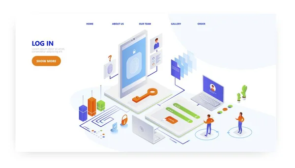 Giriş, iniş sayfası tasarımı, web sitesi pankart vektör şablonu. Giriş yetkisi, parola, kişisel hesap erişimi.