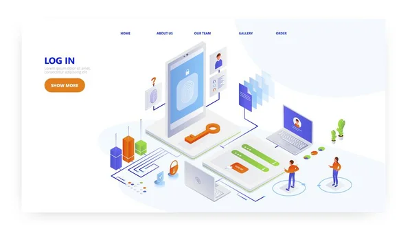 Loggen Sie sich ein, Landing Page Design, Website Banner Vektor Template. Login-Berechtigung, Passwort, persönlicher Account-Zugang. — Stockvektor