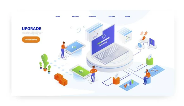 Yükseltme, iniş sayfası tasarımı, web sitesi pankart vektör şablonu. Yazılım güncellemesi, işletim sistemi güncellemesi.