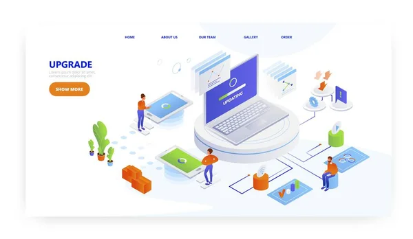 Actualización, diseño de landing page, plantilla de vector de banner del sitio web. Actualización del software, actualización del sistema operativo. — Archivo Imágenes Vectoriales