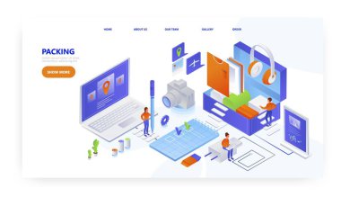 Paketleme paketi, iniş sayfası tasarımı, web sitesi pankart vektör şablonu. Teslimat şirketi hizmetleri.