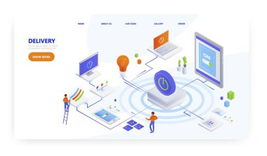 Teslimat, iniş sayfası tasarımı, web sitesi afiş vektör şablonu. IT servis teslimatı..