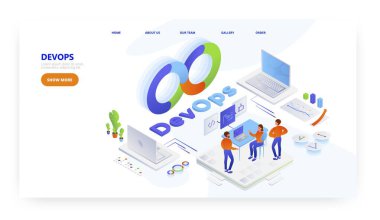 Devops, iniş sayfası tasarımı, web sitesi pankart vektör şablonu. Yazılım geliştirme ve işletim ekipleri birlikte çalışıyor.