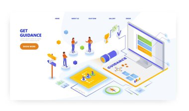 Rehber alın, iniş sayfası tasarımı, web sitesi pankart vektör şablonu. Kullanıcı rehberi. Kullanıcı kılavuzu.