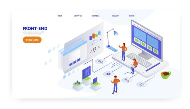 Ön uç, iniş sayfası tasarımı, web sitesi pankart vektör şablonu. Öncü geliştirici, programcı web sitesi oluşturuyor.