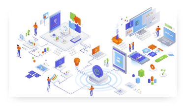 IT servis teslimatı, olmaz. Yazılım programı, uygulama kurulumu. Kablosuz ağ teknolojisi, vektör izometrik çizim