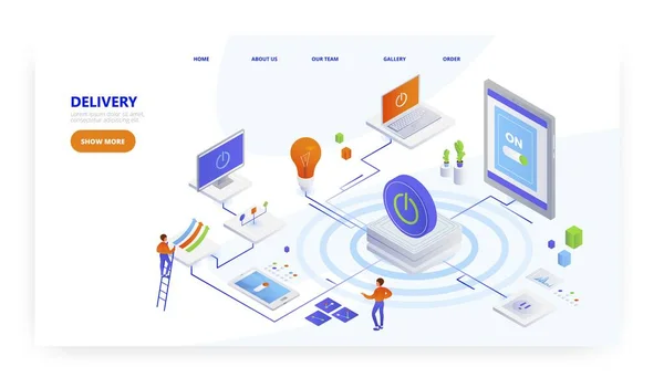 Dodávka, návrh přistávací stránky, vektorová šablona webové stránky. Poskytování IT služeb, cdn. — Stockový vektor