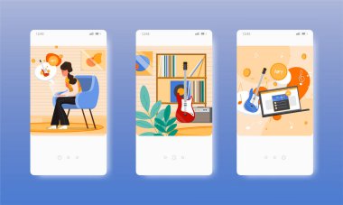 NFT müzik yapan bir kadın. Engellenebilir zincire karşılık verilemez jeton. Mobil uygulama ekranları, vektör web sitesi afişi, web sitesi tasarımı.