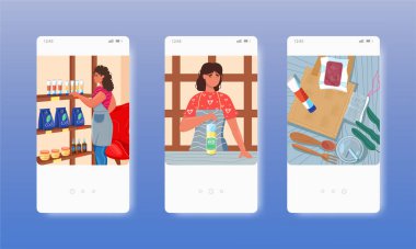 Çevre ürünleri dükkanı. Doğal kozmetik, yemek, çanta, çatal bıçak takımı. Mobil uygulama ekranları, vektör web sitesi afişi, web sitesi tasarımı.