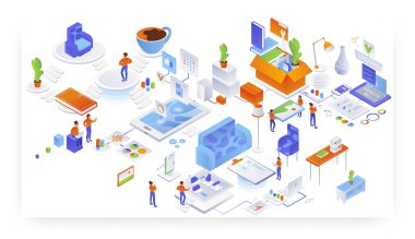 Ev konforu, mobilya yerleştirme. İç tasarım ve boşaltma hizmetleri, vektör izometrik illüstrasyon.