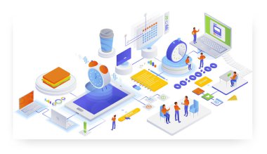 Çalışma zamanı izleme uygulaması. İş yükü yönetimi, düz vektör izometrik illüstrasyon.