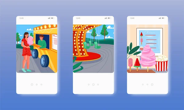 Wózek z waty cukrowej. Popcorn, lody. Ekrany aplikacji mobilnych, szablon banera strony wektorowej. Interfejs użytkownika, projektowanie stron internetowych. — Wektor stockowy