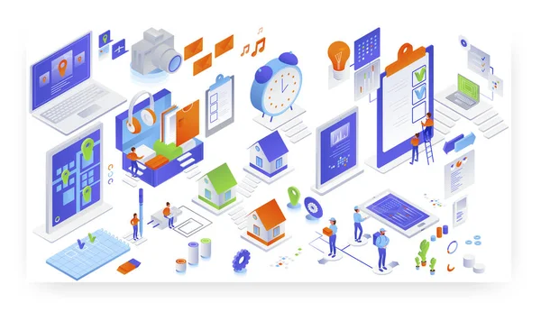 Persone che imballano e consegnano il pacco al cliente, segnando la lista di controllo, illustrazione isometrica vettoriale. Servizio di consegna. — Vettoriale Stock