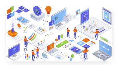 Wifi internet bağlantısı. Yazılım kurulumu, düz vektör izometrik illüstrasyon.