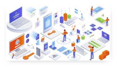 Giriş yetkisi, parola, kişisel hesap erişimi, sistem güncellemesi, vektör izometrik illüstrasyon.