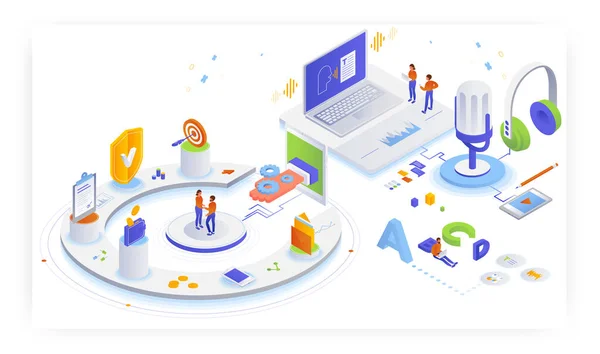 Servicios de transcripción legal. Transcripción de audio. Reconocimiento automático de voz, ilustración isométrica vectorial. — Archivo Imágenes Vectoriales