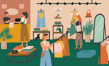 Modern moda mağazasından elbise alan bir kadın. Moda mağazası vektör çizimi seti. İç mekan tasarımcısı. Dişi giysili lavabo.