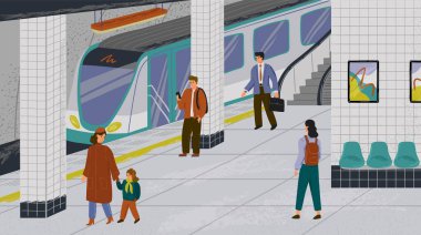 Metro istasyonu vektör illüstrasyonundaki insanlar. Metro istasyonunda metro treni bekleyen yolcular. Yeraltı şehir toplu taşıma kavramı