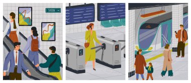 Metro istasyonu vektör illüstrasyonundaki insanlar. Metro istasyonunda metro treni bekleyen yolcular. Yürüyen merdivendeki insanlar. Cep telefonu olan bir kadın turnikeyi geçiyor. Kentsel toplu taşıma kavramı