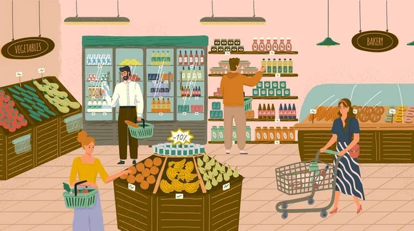 Pessoas comprando em mercearia ou supermercado conceito vetor ilustração. Loja orgânica com frutas e legumes. Mulher com carrinho a comprar comida. Prateleiras com produtos alimentares e padaria — Vetor de Stock