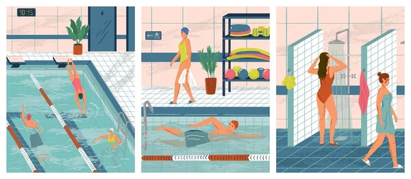 As pessoas nadam em piscina pública conceito vetor ilustração set. Esporte piscina interior. Homem e mulher a treinar na água. Menina tomando banho após swi —  Vetores de Stock