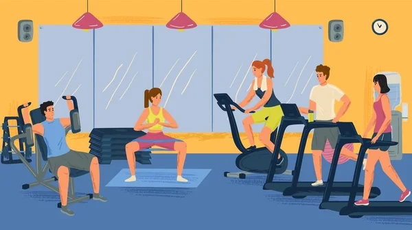 Människor som motionerar i gym koncept vektor illustration. Fitness träning. Man och kvinna springer på löpband. Sport gym utrustning — Stock vektor