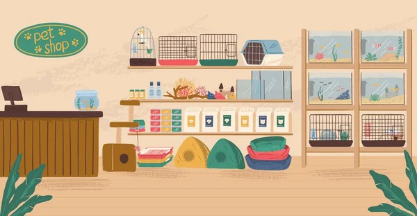 Tienda de mascotas concepto interior vector ilustración. Tienda de animales con comida canina, jaula de aves, acuario con peces y cama de perro — Vector de stock