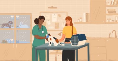 Kedi konsepti çizimi üzerinde çalışan siyah bir veteriner kadın. Veteriner doktor evcil hayvanları tedavi ediyor. Kedi muayenehanesi olan bir müşteri.