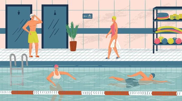 As pessoas nadam em piscina pública conceito vetor ilustração set. Esporte piscina interior. Homem e mulher nadam na água — Vetor de Stock