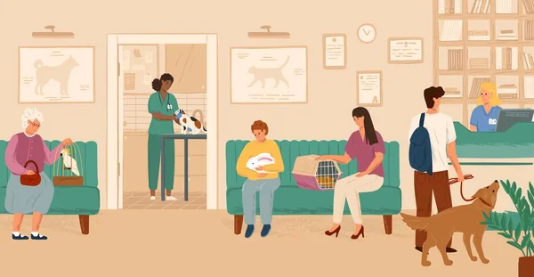 Mensen wachten in de rij op de receptie in veterinaire kliniek concept vector illustratie. Huisarts ziekenhuis interieur. Zwarte dierenarts die kat onderzoekt op een tafel. Man en vrouw met dieren — Stockvector