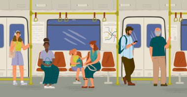 Metro treni konsept vektör illüstrasyonu içindeki insanlar. Yolcular metro treninde ayağa kalkar ve otururlar. Şehir yeraltı toplu taşımacılığı. Metroyla gidip gelirken cep telefonu izleyen insanlar