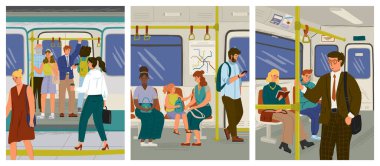 İnsanlar metro treni vektör çizimi setiyle seyahat ediyor. Kalabalık bir metro treni yolcuları. Şehir yeraltı toplu taşımacılığı. İnsanlar gidip gelirken cep telefonu izleyip kitap okuyorlar.