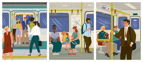 사람들은 지하철 벡터 일러스트 세트로 여행 한다. 승객들은 혼잡 한 승강장 탑승 지하철 열차를 타고 있다. 도시 지하 대중 교통. 출퇴근중에 핸드폰을 보고 독서하는 사람들 — 스톡 벡터