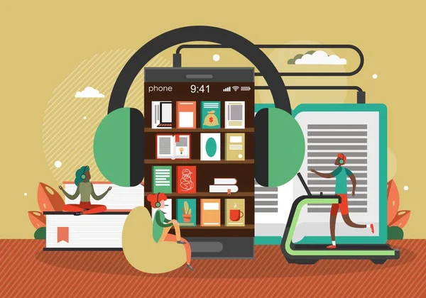 Smartphone com fones de ouvido, livros em prateleiras, pessoas ouvindo audiolivros, ilustração vetorial plana. app livros de áudio. — Vetor de Stock