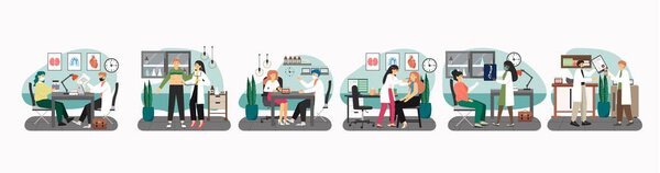 Набор сцен посещения врачом, плоская векторная иллюстрация. Врачи назначают, консультируют, лечат. Лабораторные тесты для диагностики.