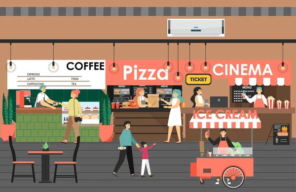 Einkaufs- und Unterhaltungszentrum mit Kino, Pizza, Café, Eis, Flachvektorillustration. Einkaufszentrum. — Stockvektor